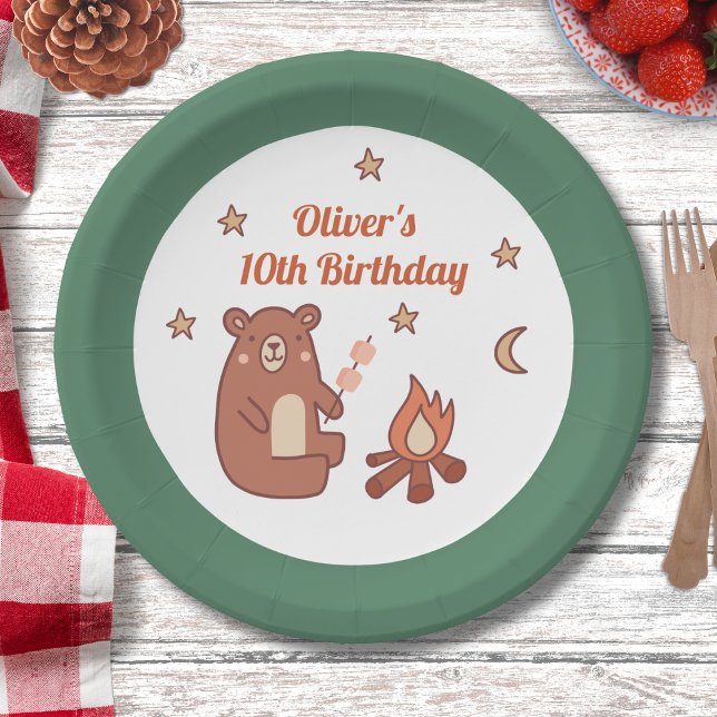Cute Whimsical Bear Camping Birthday Paper Plate (Creator Uploaded)