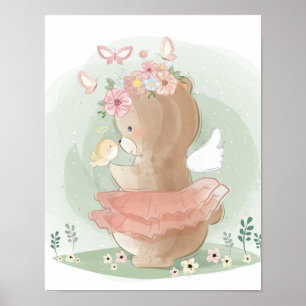 Cute Whimsical Bear Floral Poster