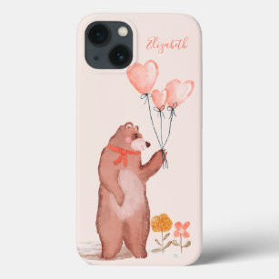 Cute whimsical bear hearts illustration name iPhone 13 case
