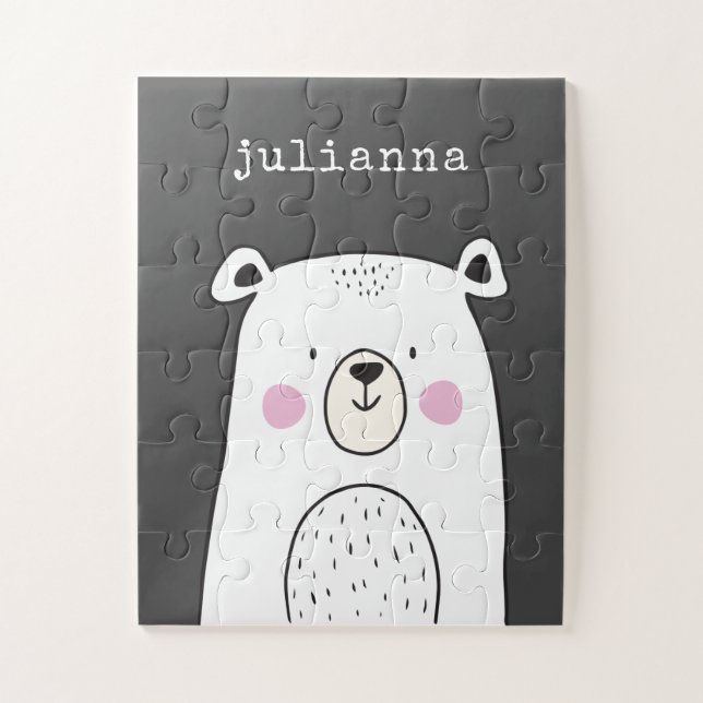 Cute Whimsical Bear Illustration Custom Name Jigsaw Puzzle (Vertical)