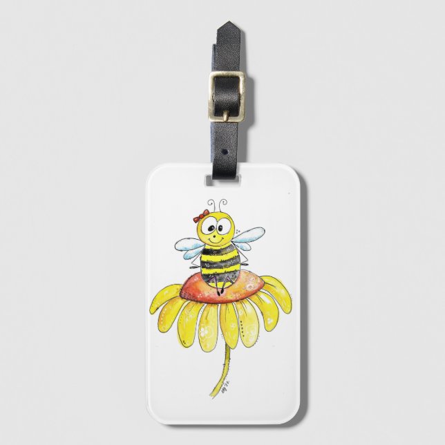 Cute Whimsical Bee on a Flower Luggage Tag (Front Vertical)