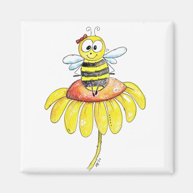 Cute Whimsical Bee on a Flower Magnet (Front)
