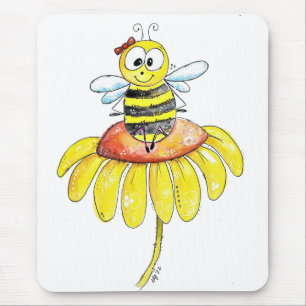 Cute Whimsical Bee on a Flower Mouse Pad