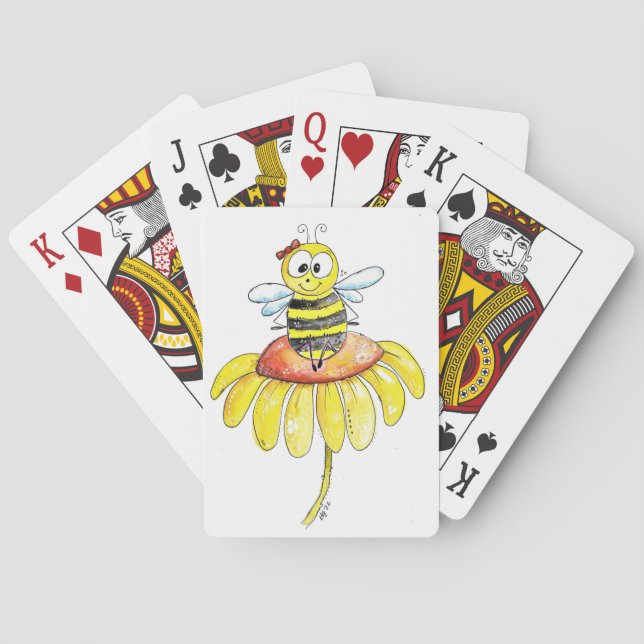 Cute Whimsical Bee on a Flower Playing Cards (Back)