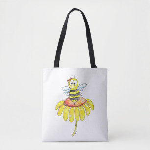 Cute Whimsical Bee on a Flower Tote Bag