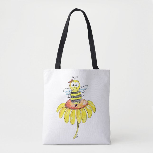 Cute Whimsical Bee on a Flower Tote Bag (Front)