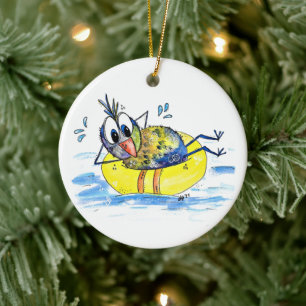 Cute Whimsical Bird on Float Ceramic Ornament