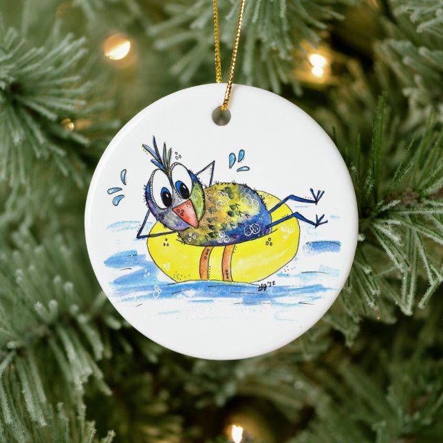 Cute Whimsical Bird on Float Ceramic Ornament (Tree)