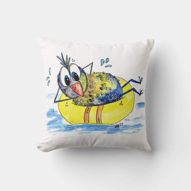 Cute Whimsical Bird on Float Throw Pillow (Front)