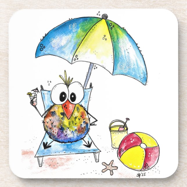 Cute Whimsical Bird on the Beach Coaster (Front)