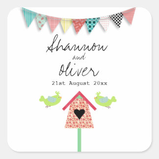 Cute Whimsical Birds And Birdhouse Wedding Favour Square Sticker