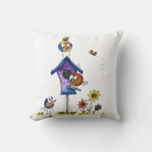 Cute Whimsical Birds at a Birdhouse Throw Pillow