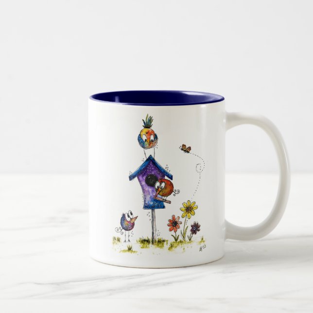 Cute Whimsical Birds at a Birdhouse Two-Tone Coffee Mug (Right)
