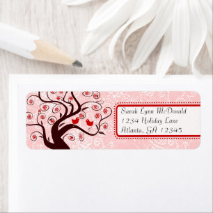Cute Whimsical Birds in Swirl Tree Red Pink Dots