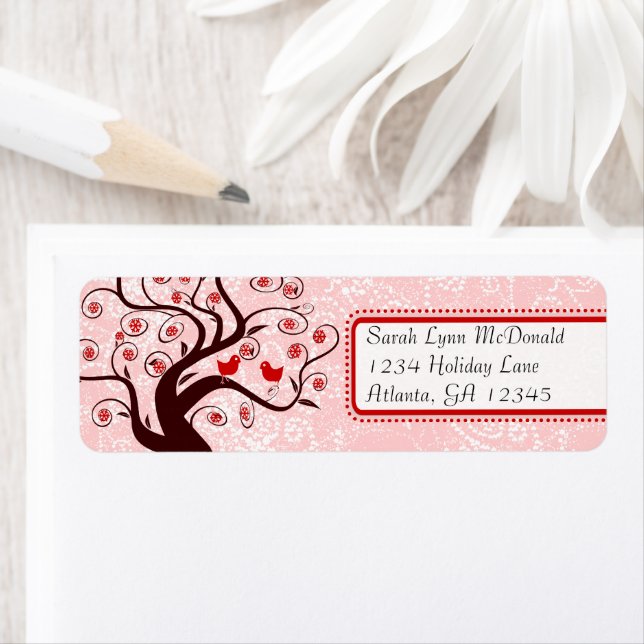 Cute Whimsical Birds in Swirl Tree Red Pink Dots (Insitu)