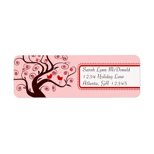 Cute Whimsical Birds in Swirl Tree Red Pink Trim Return Address Label