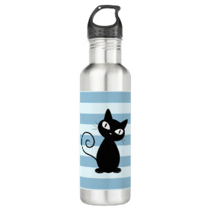 Cute Whimsical Black Cat on Stripes 710 Ml Water Bottle