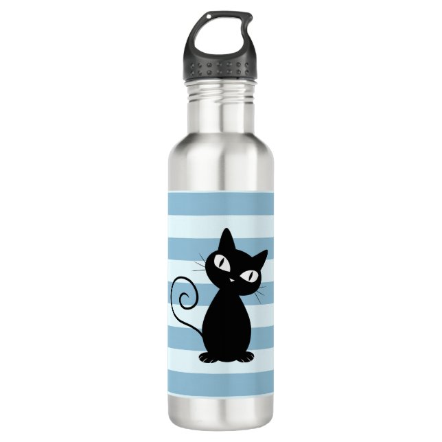 Cute Whimsical Black Cat on Stripes 710 Ml Water Bottle (Front)