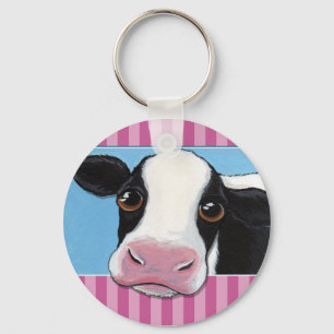 Cute Whimsical Black & White Cow with Pink Stripe Keychain