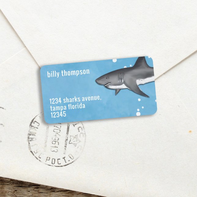 Cute Whimsical Blue Ocean Sharks Return Address  Label (Creator Uploaded)