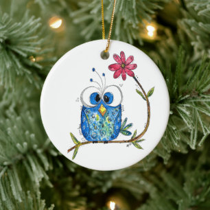 Cute Whimsical Blue Owl Ceramic Ornament