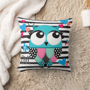 Cute Whimsical Blue Owl with eyelashes  Throw Pillow