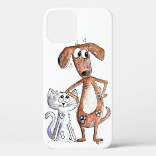 Cute Whimsical Brown Dog and Grey Cat iPhone 12 Case