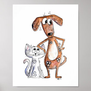 Cute Whimsical Brown Dog and Grey Cat Poster