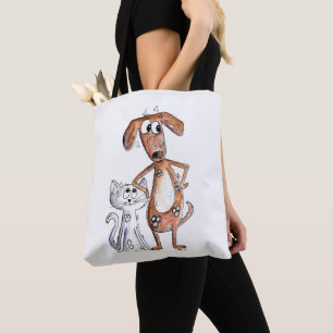 Cute Whimsical Brown Dog and Grey Cat Tote Bag