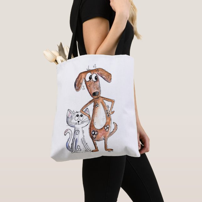 Cute Whimsical Brown Dog and Grey Cat Tote Bag (Close Up)