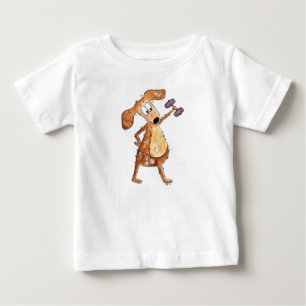 Cute Whimsical Brown Dog Lifting Weights Baby T-Shirt
