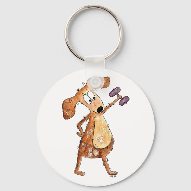 Cute Whimsical Brown Dog Lifting Weights Keychain (Front)