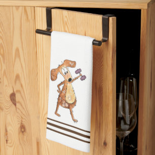 Cute Whimsical Brown Dog Lifting Weights Kitchen Towel