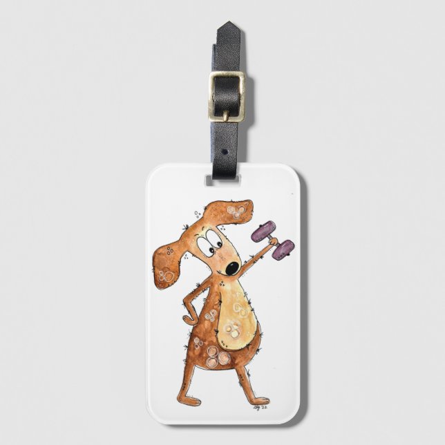Cute Whimsical Brown Dog Lifting Weights Luggage Tag (Front Vertical)