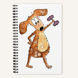 Cute Whimsical Brown Dog Lifting Weights Notebook