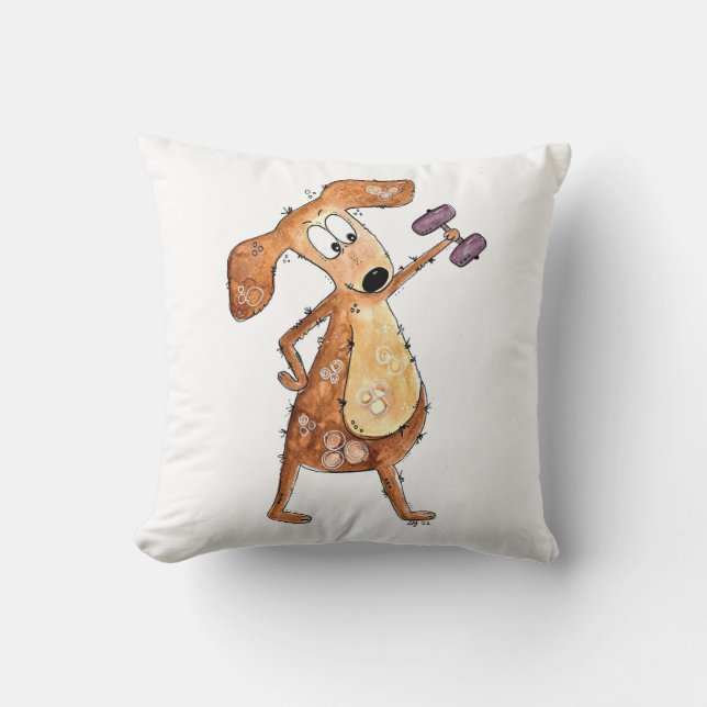 Cute Whimsical Brown Dog Lifting Weights Throw Pillow (Front)