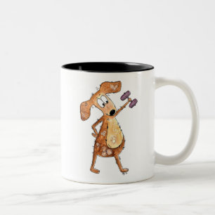 Cute Whimsical Brown Dog Lifting Weights Two-Tone Coffee Mug