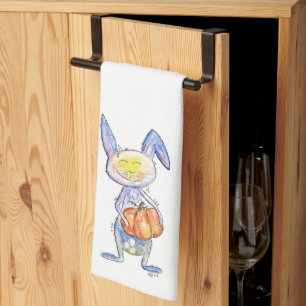 Cute Whimsical Bunny Holding a Pumpkin Kitchen Towel