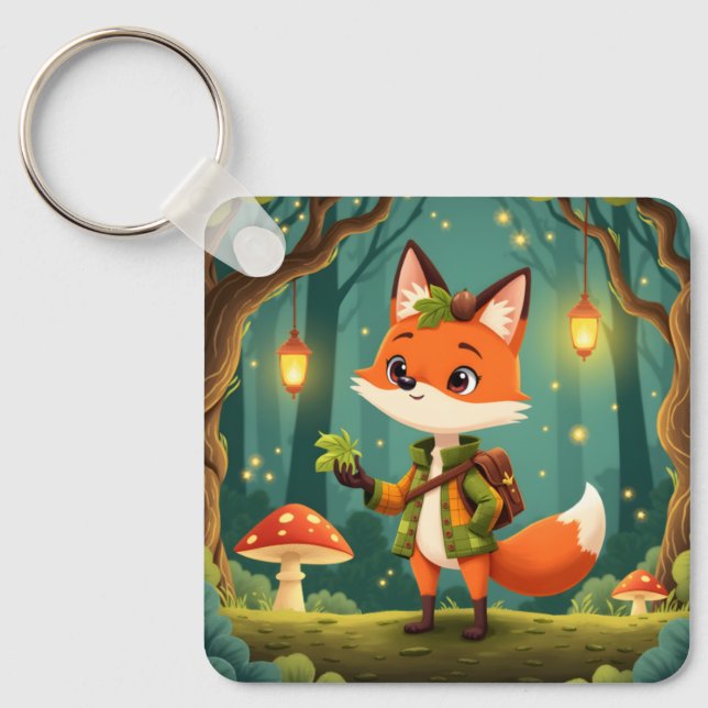 Cute Whimsical Cartoon Fox Keychain (Front)