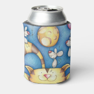 Cute Whimsical Cat and Mouse Moon Art Can Cooler