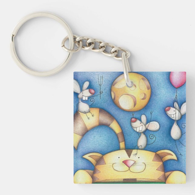 Cute Whimsical Cat and Mouse Moon Art Keychain (Front)