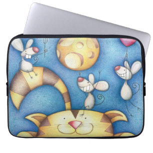 Cute Whimsical Cat and Mouse Moon Art Laptop Sleeve