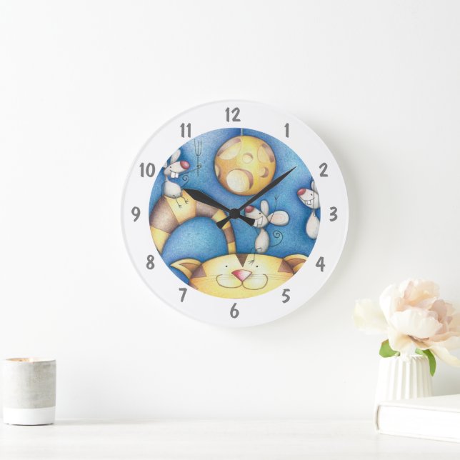 Cute Whimsical Cat and Mouse Moon Art Large Clock (Home)