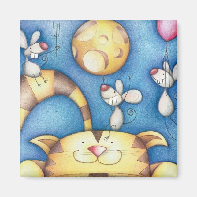Cute Whimsical Cat and Mouse Moon Art Magnet (Front)
