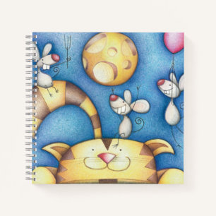 Cute Whimsical Cat and Mouse Moon Art Notebook