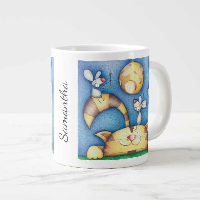 Cute Whimsical Cat and Mouse Moon Art Personalised Large Coffee Mug (Front Right)
