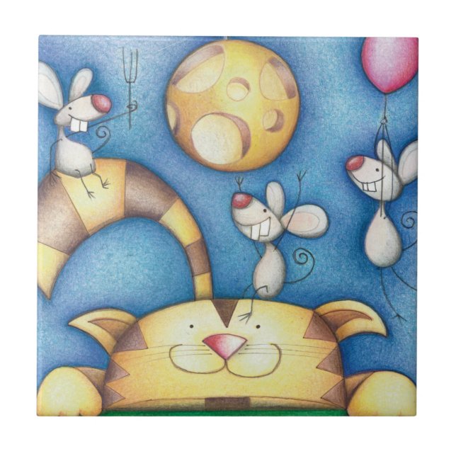 Cute Whimsical Cat and Mouse Moon Art Tile (Front)