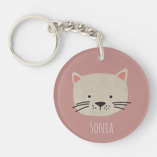Cute Whimsical Cat Face Keychain (Front)