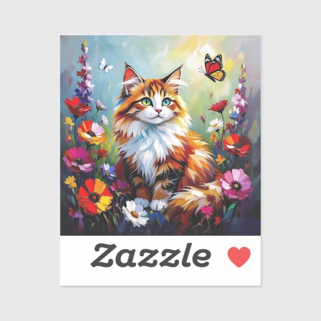 Cute Whimsical  Cat, Flowers and Butterflies (Sheet)
