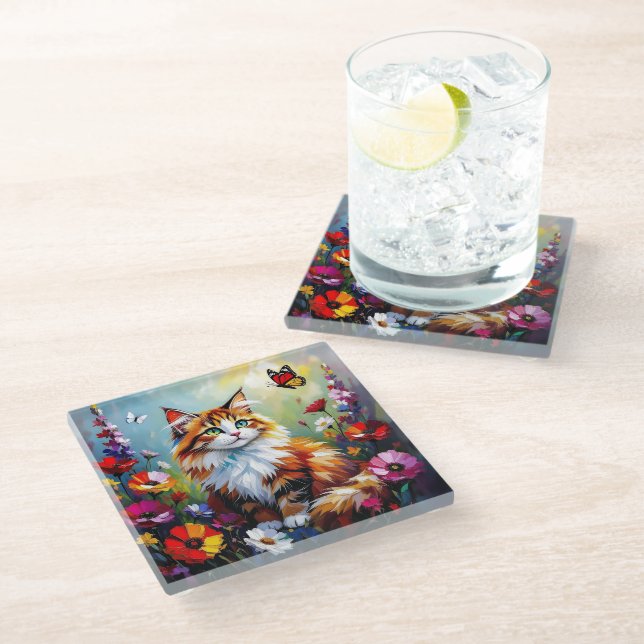 Cute Whimsical  Cat, Flowers and Butterflies Glass Coaster (Angled)